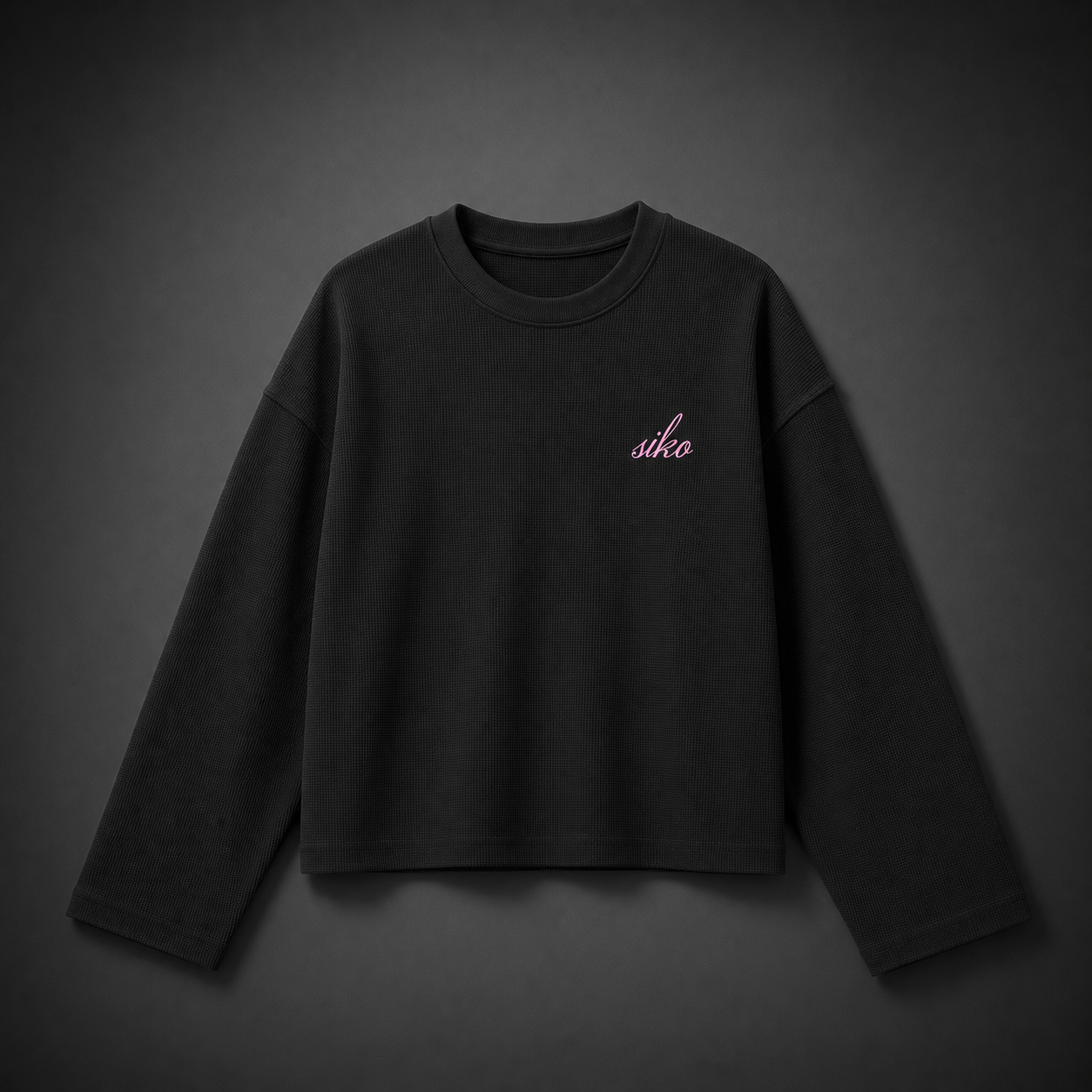BLACK BASIC CROPPED WAFFLE KNIT