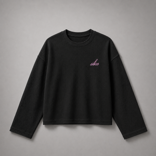 BLACK BASIC CROPPED WAFFLE KNIT