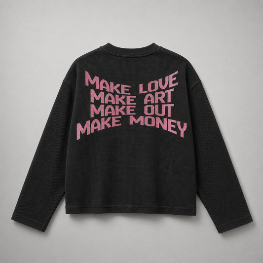 MAKE LOVE BLACK WAFFLE KNIT TEE